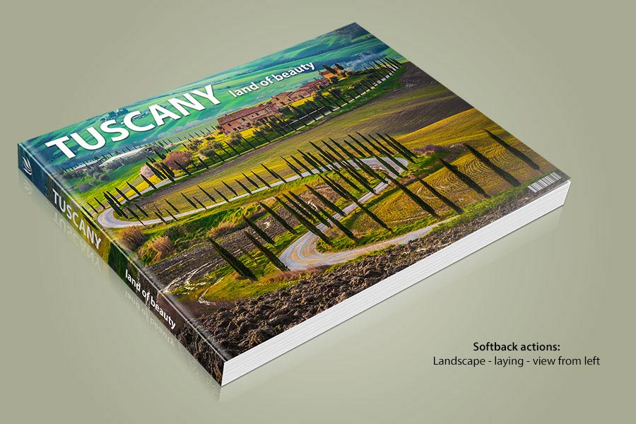 Softback softcover book Photoshop actions - landscape, top leftview