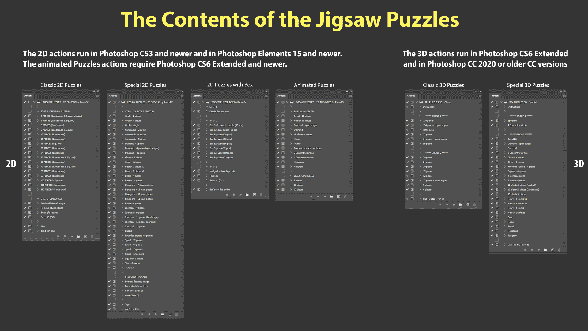 Image of the action panels of the Jigsaw Puzzles Photoshop actions