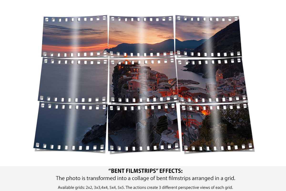 Big Pictures Photoshop actions - collage with 9 bent filmstrips